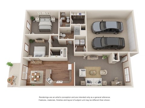 Floor plan for 2 beds, 2 baths, 1300 sqft